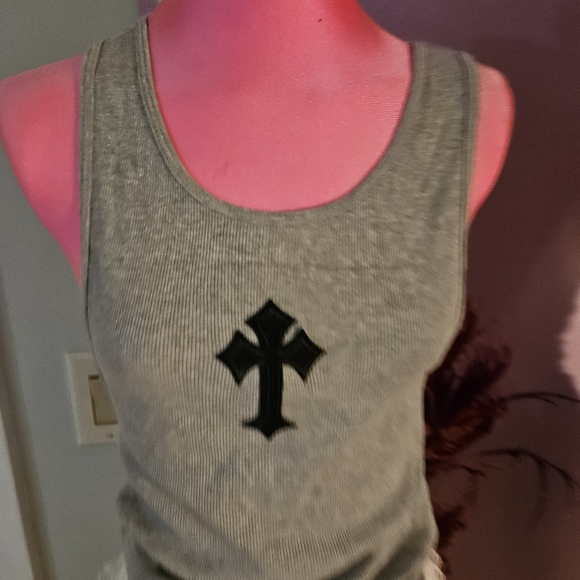 Grey Tank Top Goth Cross Chrome Hearts Looking Top - Picture 12 of 16